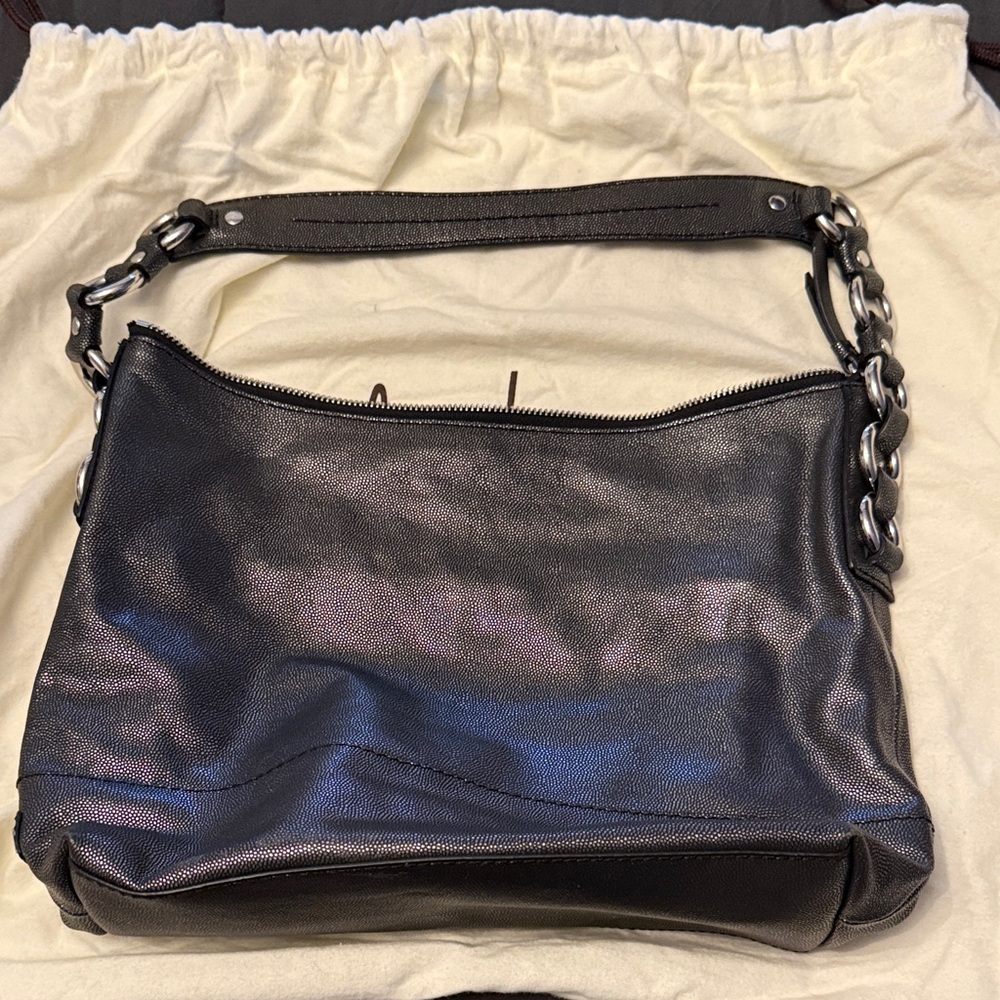 Cole Haan Black Metallic Leather Boho Shoulder Bag Silver Chain Accents